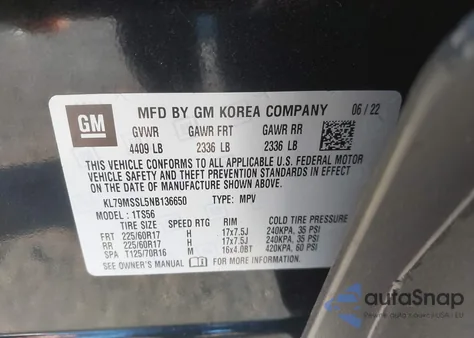 2022 Chevrolet Trailblazer Awd Activ z USA, uszkodzony, nr VIN KL79MSSL5NB136650